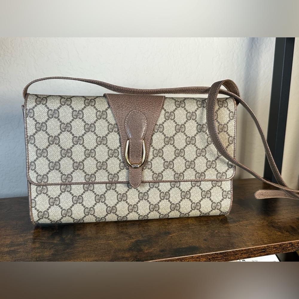 Gucci Beige Monogram Canvas and Brown Leather Crossbody Bag